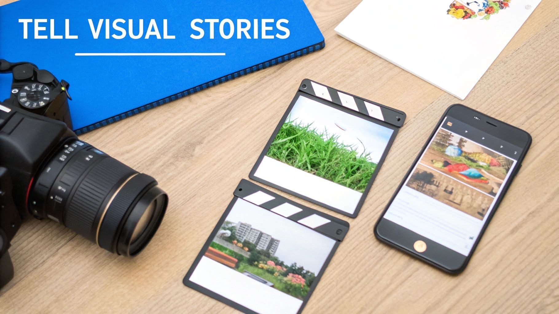 Flat lay of camera, clapperboards, and smartphone for visual storytelling and content creation.