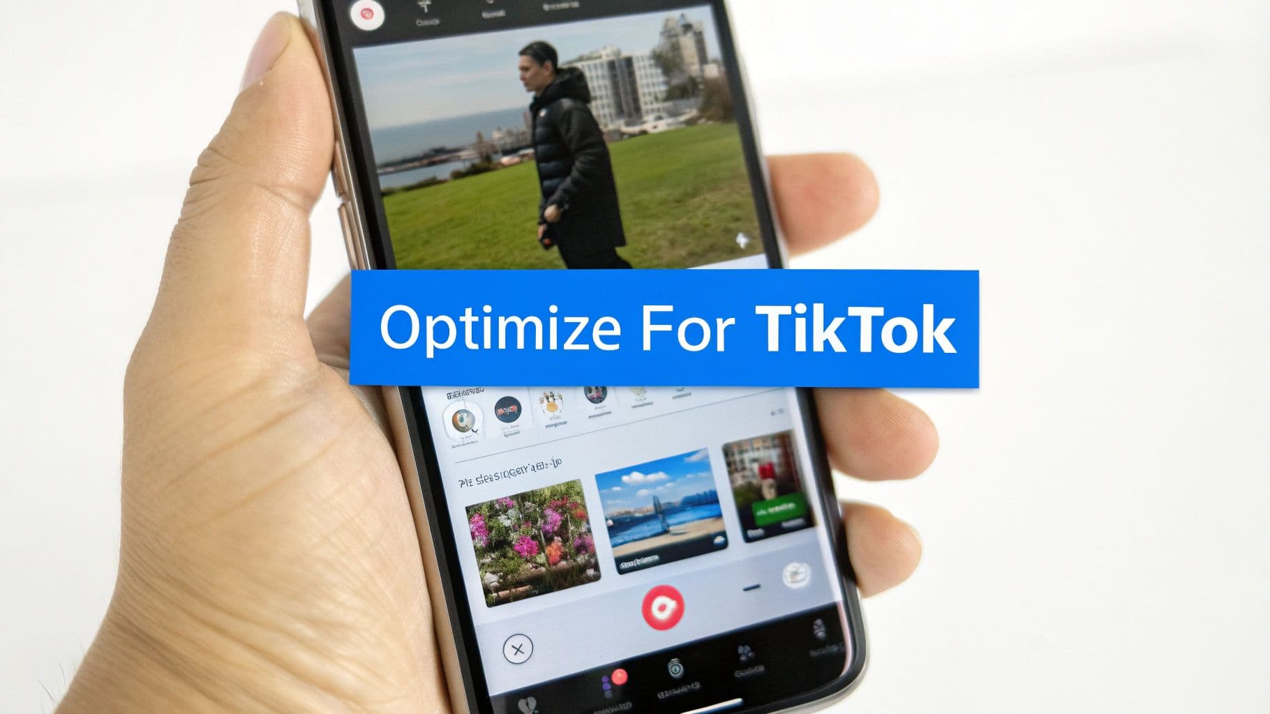 A hand holds a smartphone showing a video and gallery, with a blue 'Optimize For TikTok' banner.