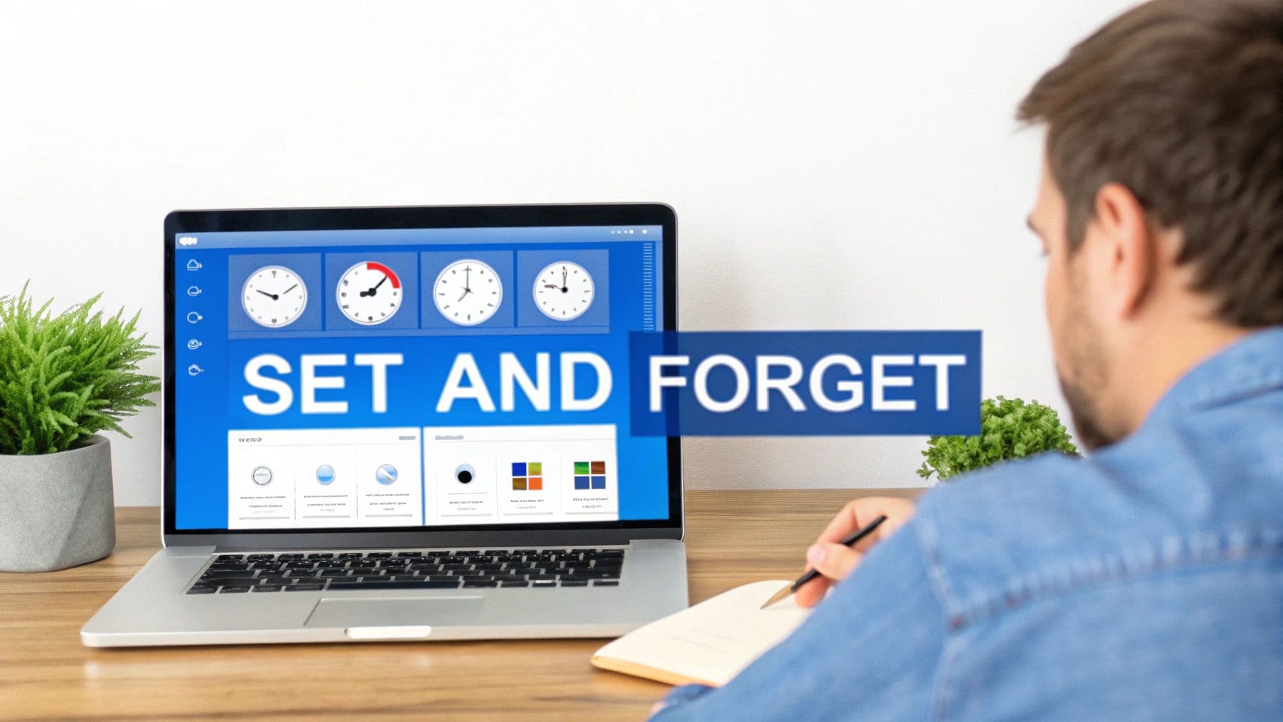 A person looking at a laptop screen displaying multiple clocks and a "SET AND FORGET" overlay, while taking notes.