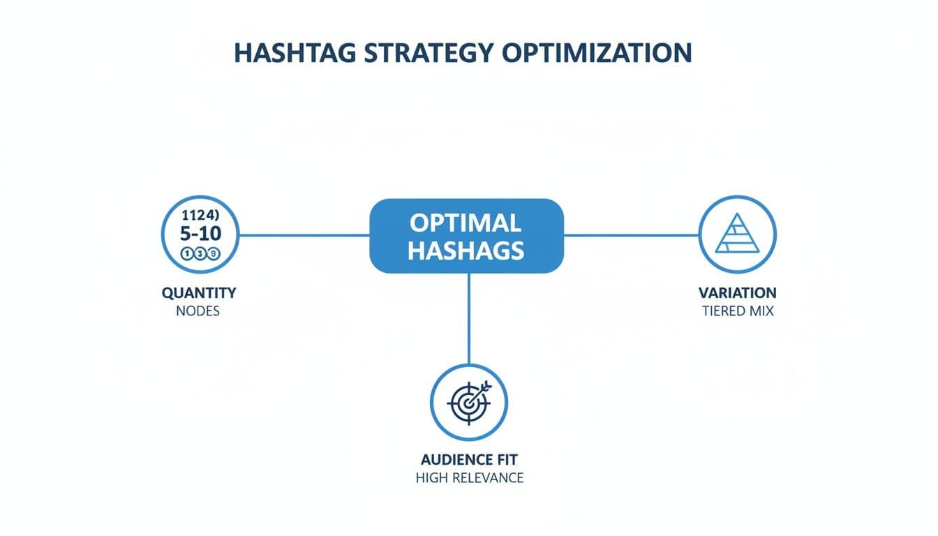A diagram illustrating optimal hashtag strategy optimization, focusing on quantity, variation, and audience fit.