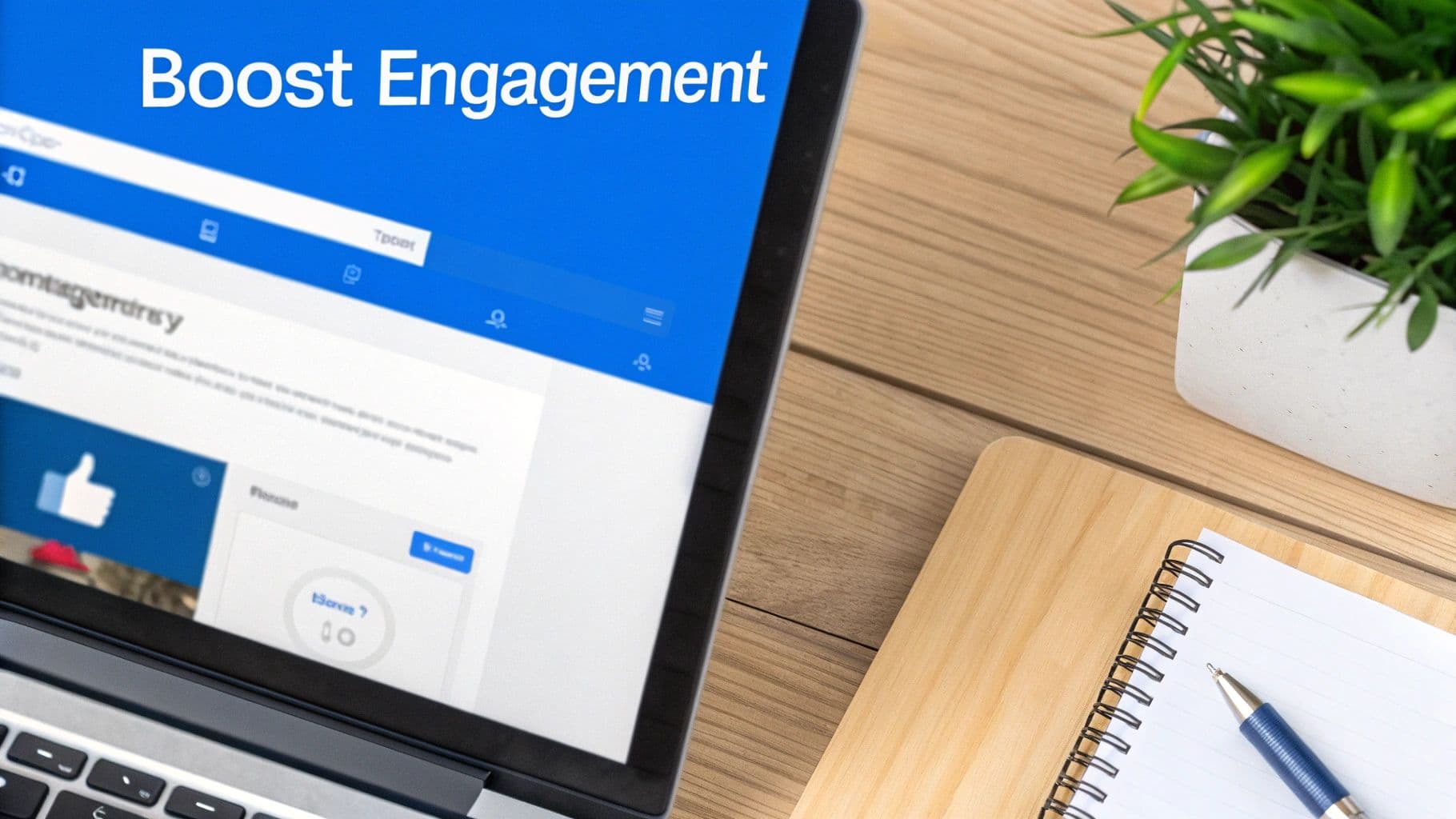 Laptop displaying social media engagement interface with boost engagement text on wooden desk