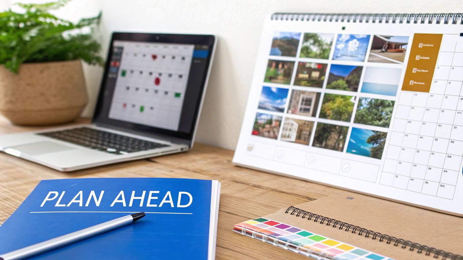 A desk setup with a laptop showing a calendar, a physical photo calendar, and a notebook titled 'PLAN AHEAD' for effective organization.