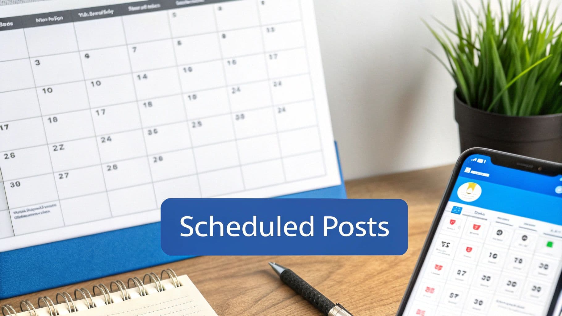 A calendar, smartphone app, and 'Scheduled Posts' text symbolize social media planning and scheduling on a desk.
