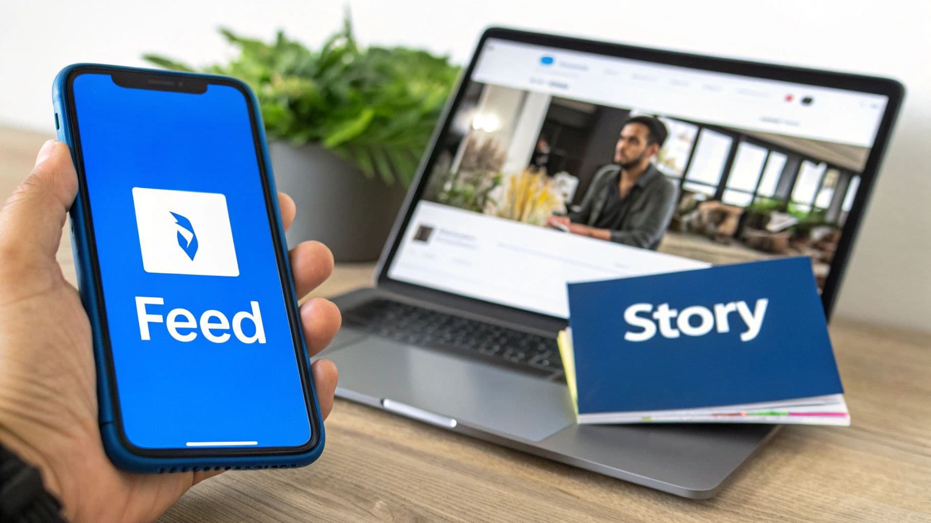 A hand holds a smartphone showing 'Feed' while a laptop displays a video, next to a 'Story' booklet.