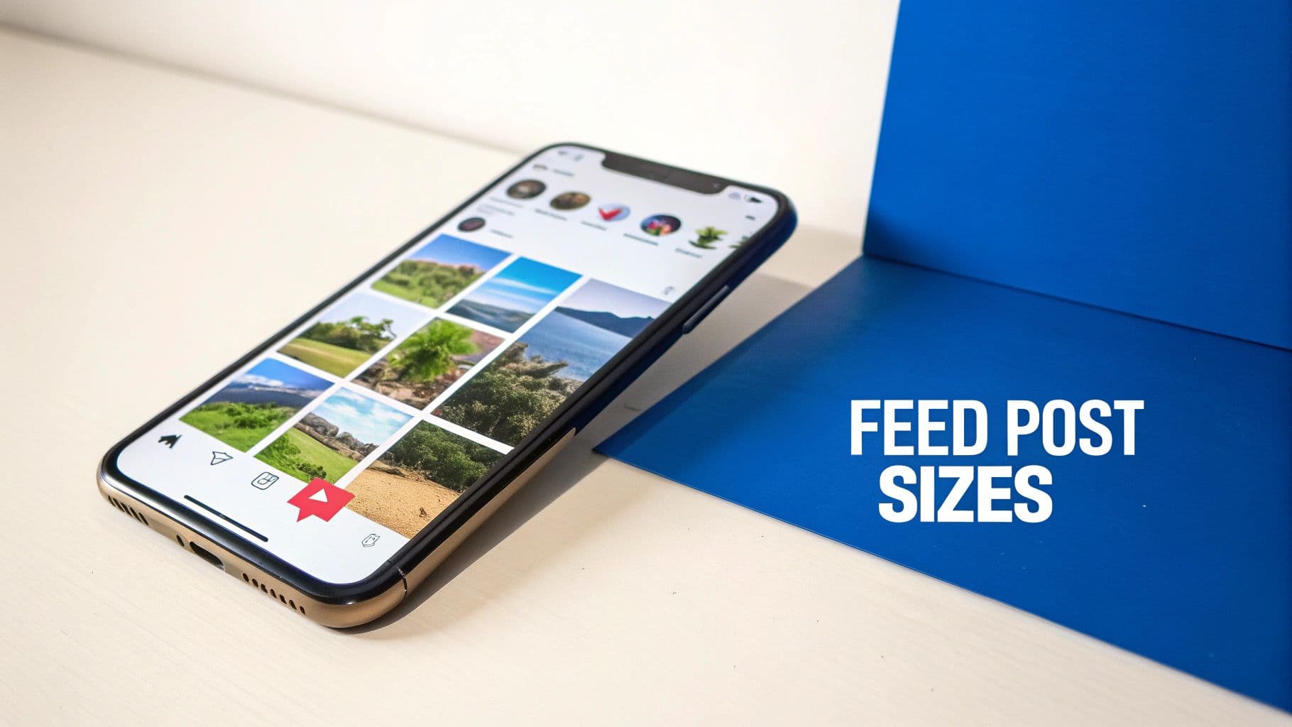 A smartphone displaying Instagram with various landscape photos next to a blue surface showing 'FEED POST SIZES'.