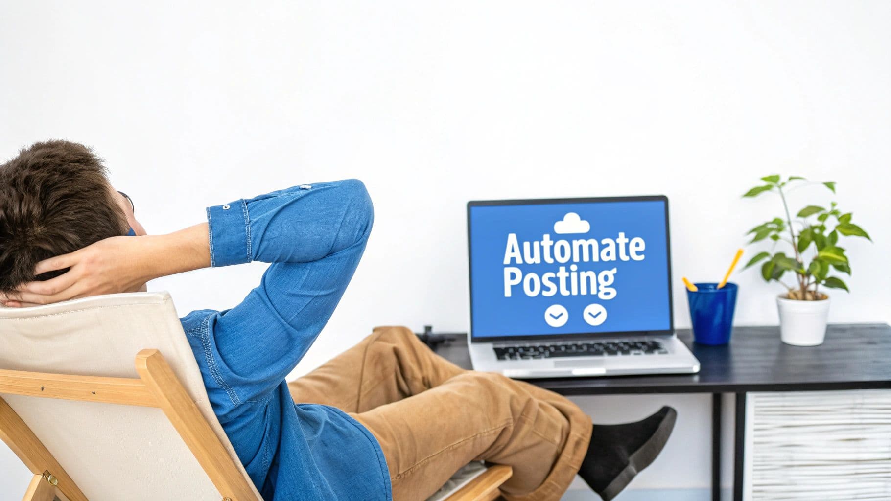 Person relaxing in a chair looking at a laptop screen displaying "Automate Posting" with a cloud icon.