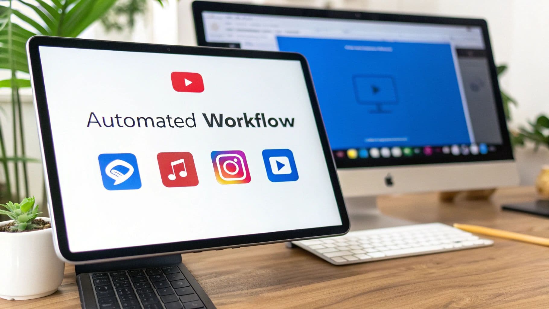 Tablet displaying 'Automated Workflow' with YouTube and other social media app icons, next to a desktop computer.
