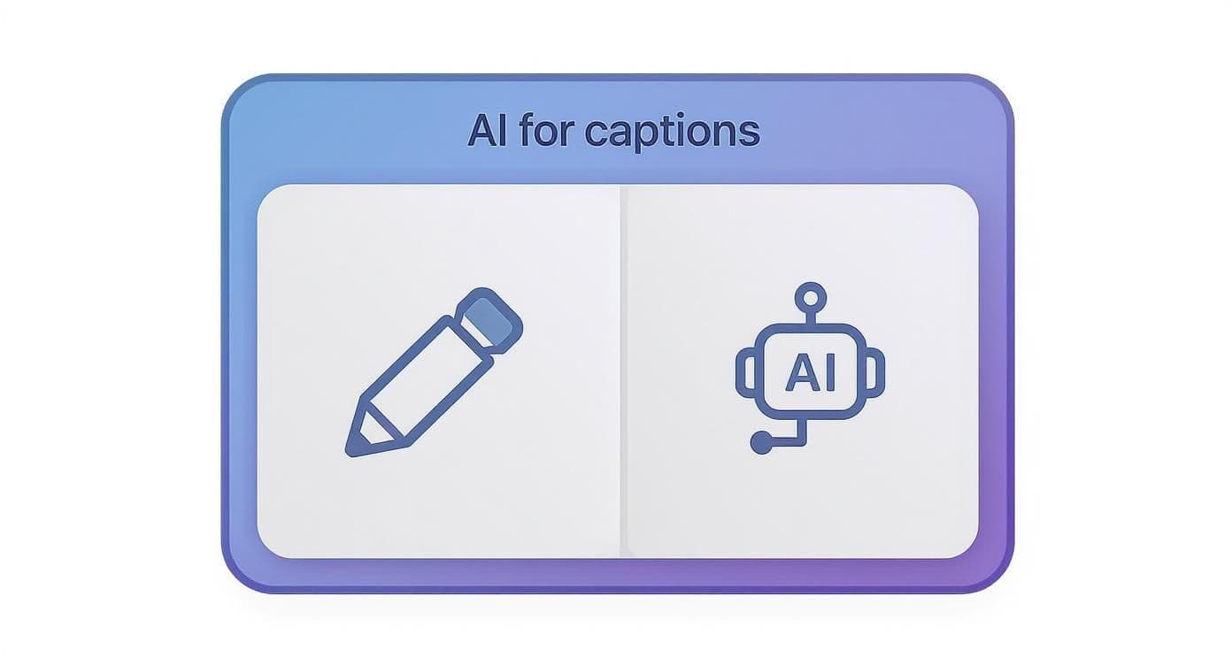 Infographic comparing manual versus AI-assisted caption writing, showing a pencil icon for manual and a robot icon for AI.