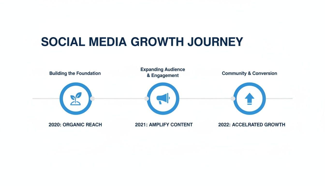 Social media growth journey timeline showing organic reach, content amplification, and accelerated growth strategies.
