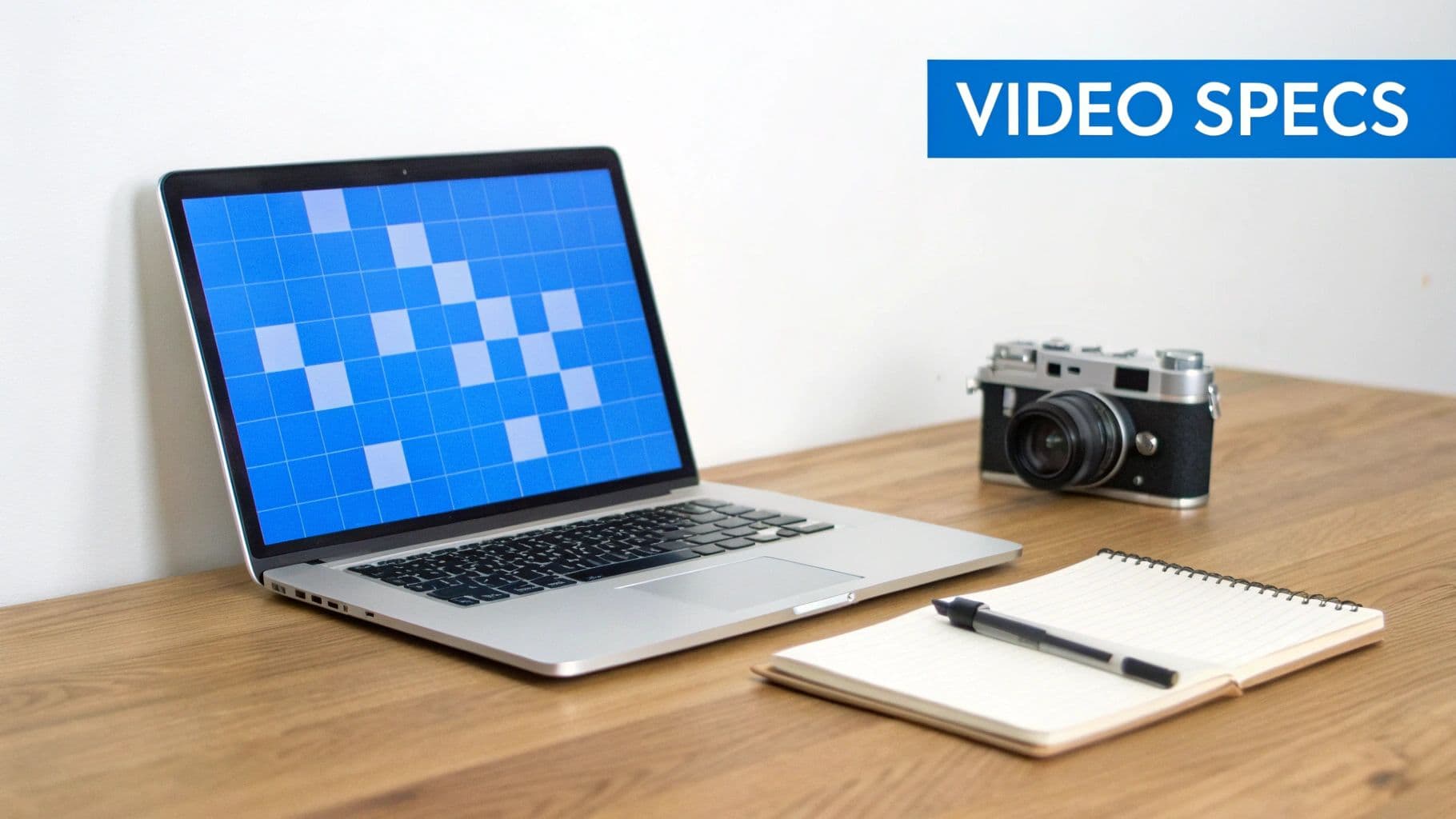 A silver laptop with a blue grid screen, vintage camera, notebook, and pen on a wooden desk. A blue banner displays 'VIDEO SPECS'.