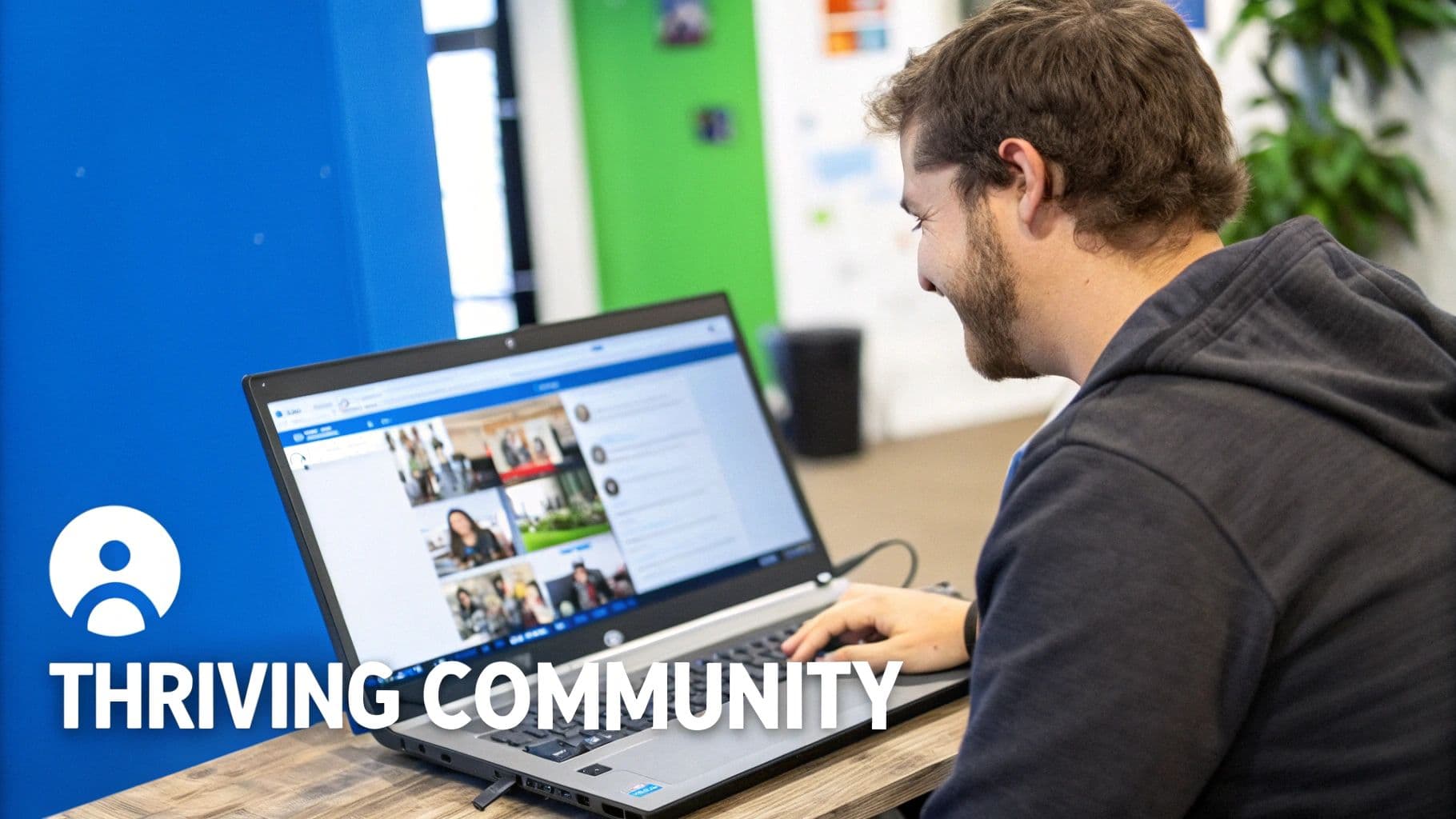 A smiling man in a hoodie uses a laptop displaying a video conference with multiple participants, suggesting a thriving online community.