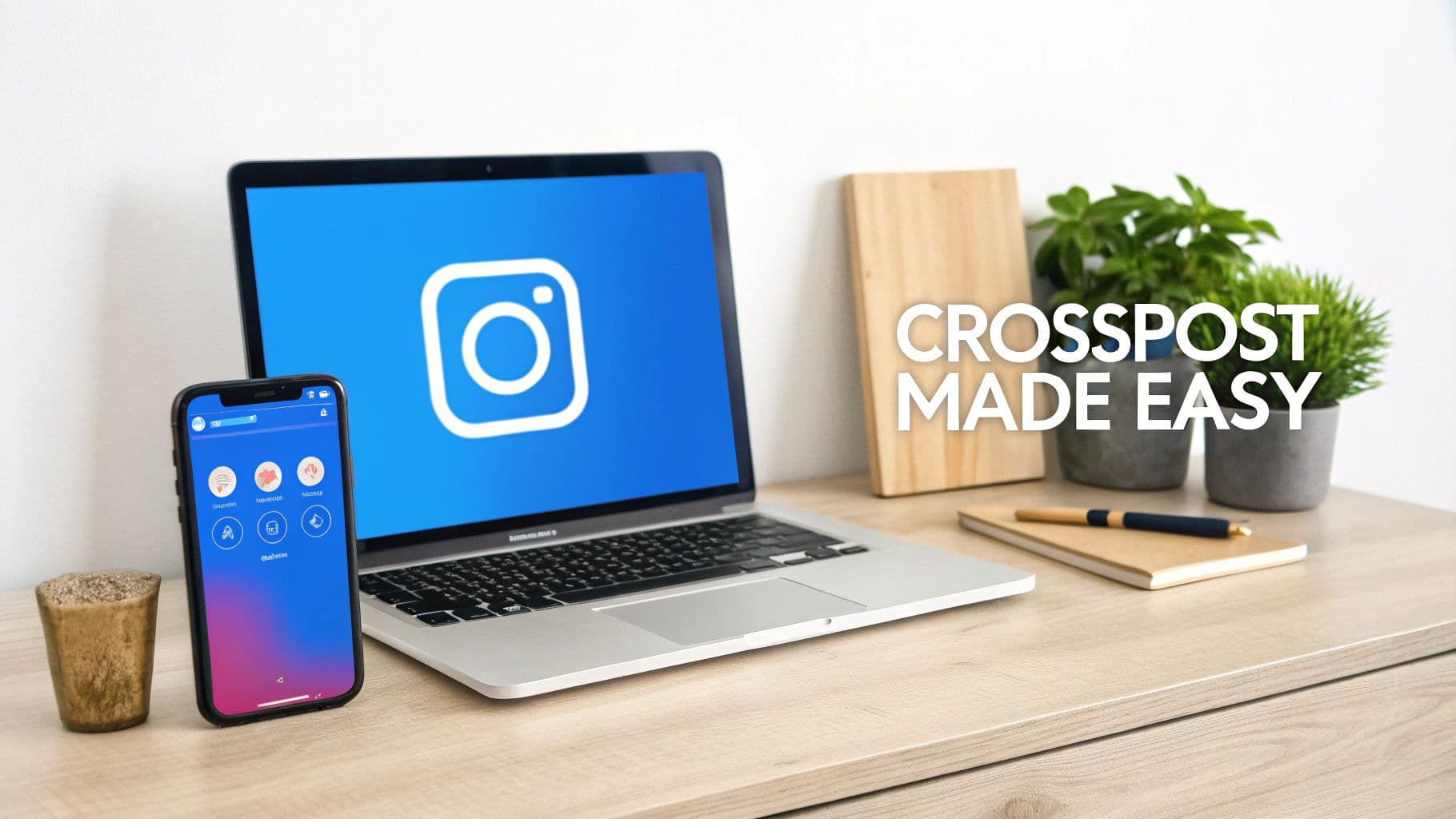 A laptop displaying the Instagram logo and a smartphone on a desk, promoting 'Crosspost Made Easy'.