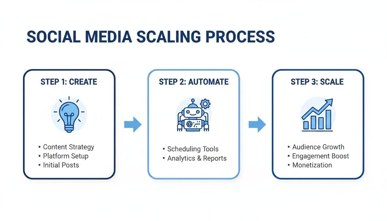 A three-step social media scaling process diagram, including creation, automation, and scaling strategies.