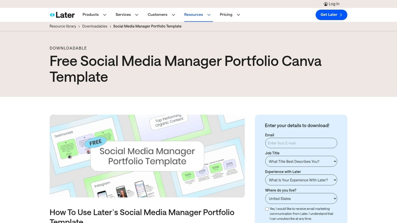 Later – Free Social Media Manager Portfolio Template