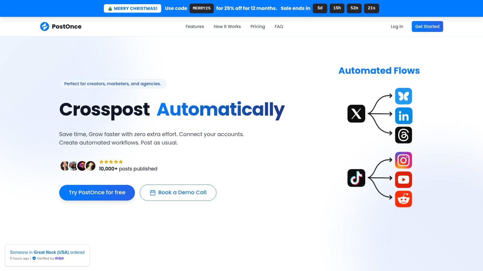 PostOnce user interface showing a post being cross-posted to multiple social media platforms.