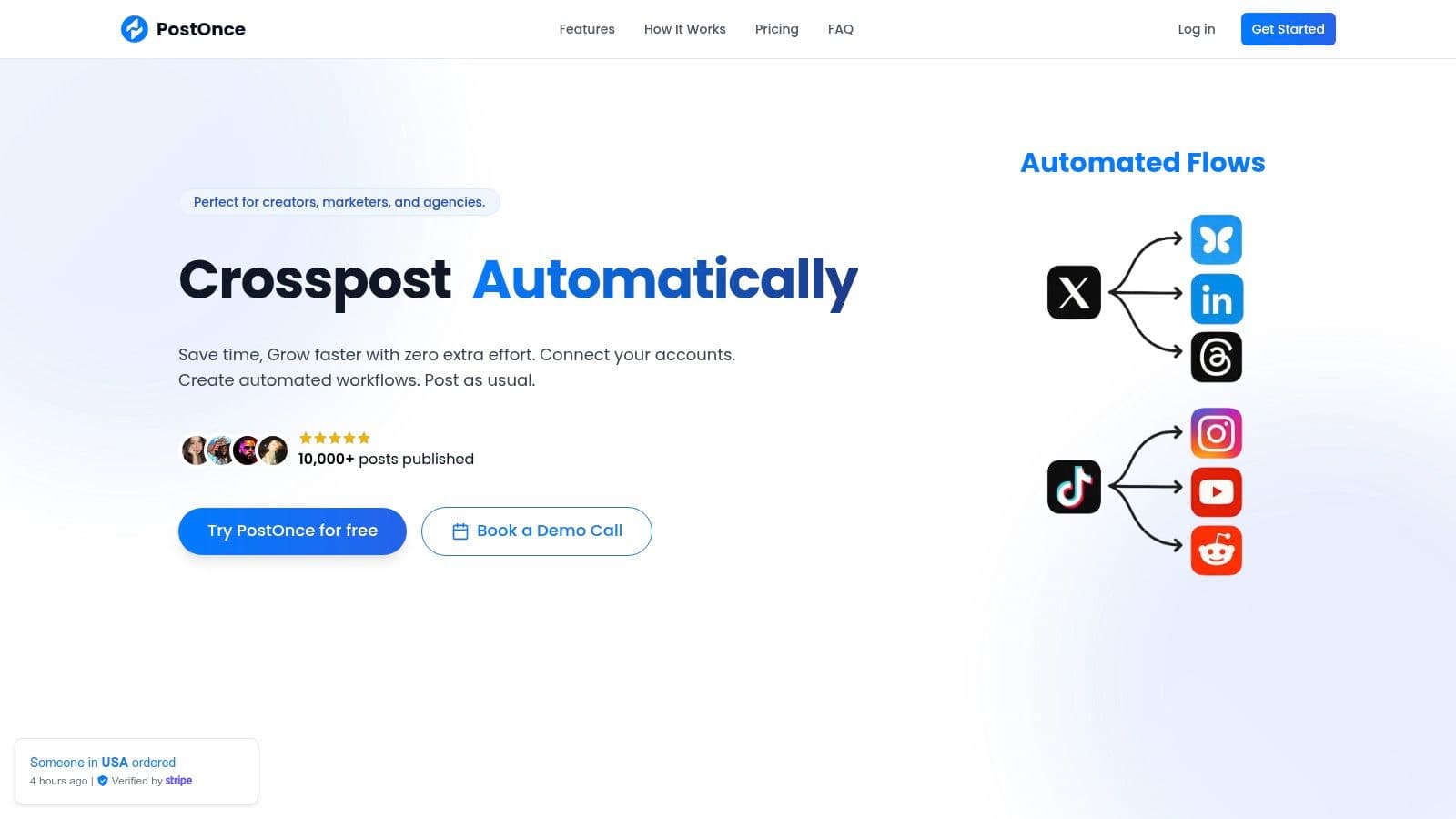 PostOnce user interface showing automated social media cross-posting workflows