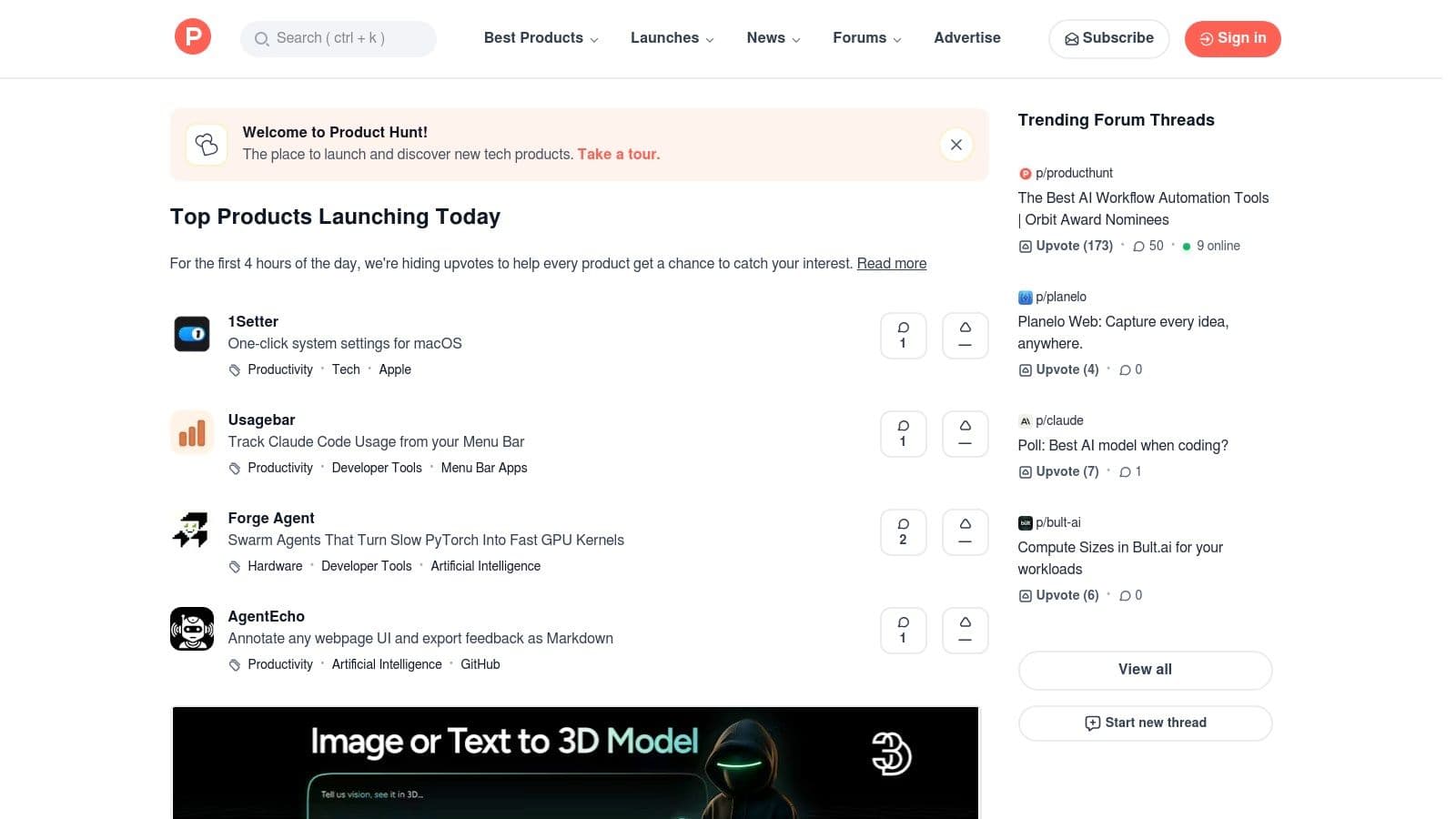 Product Hunt homepage showing a list of new and trending tech products, with upvote counts and descriptions.