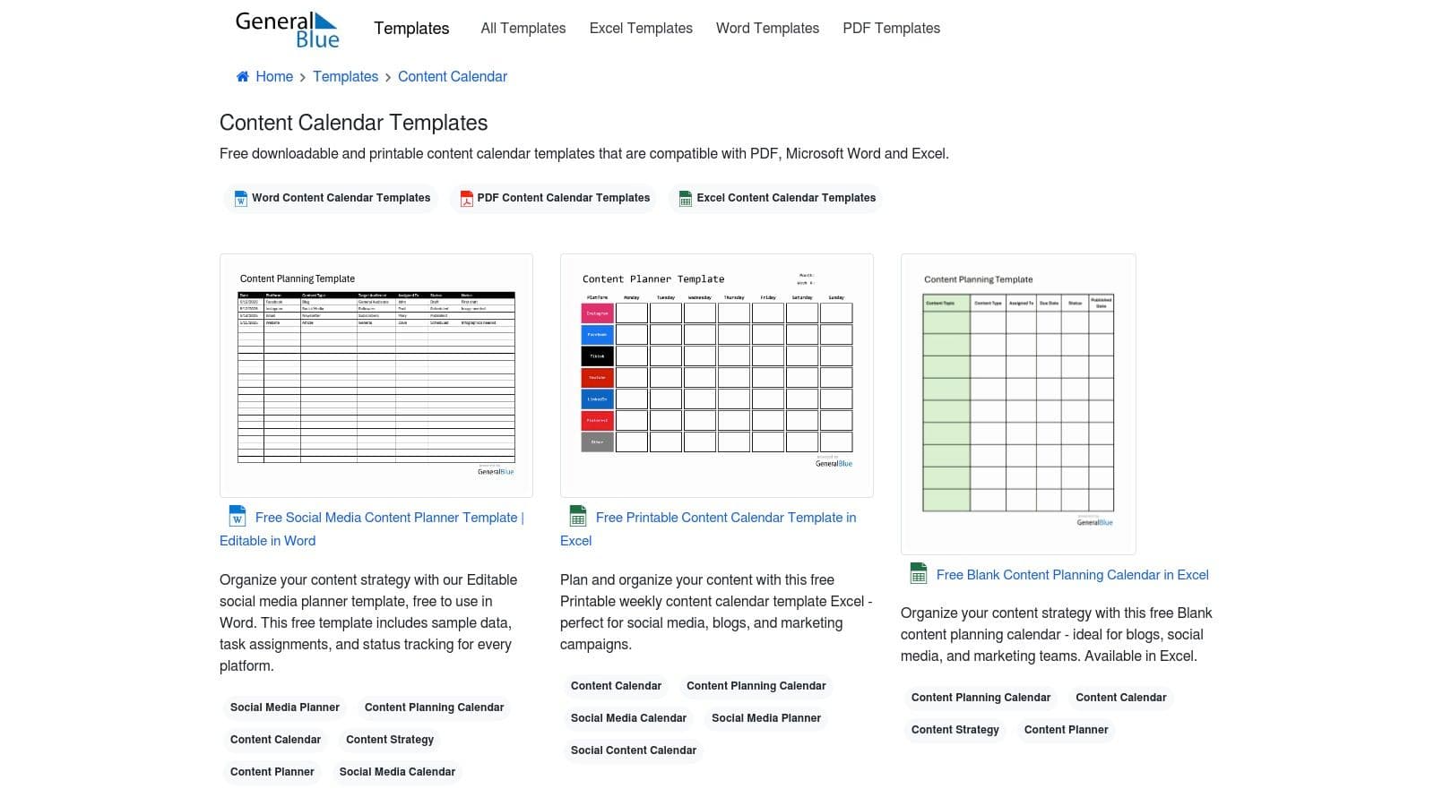 General Blue content calendar template