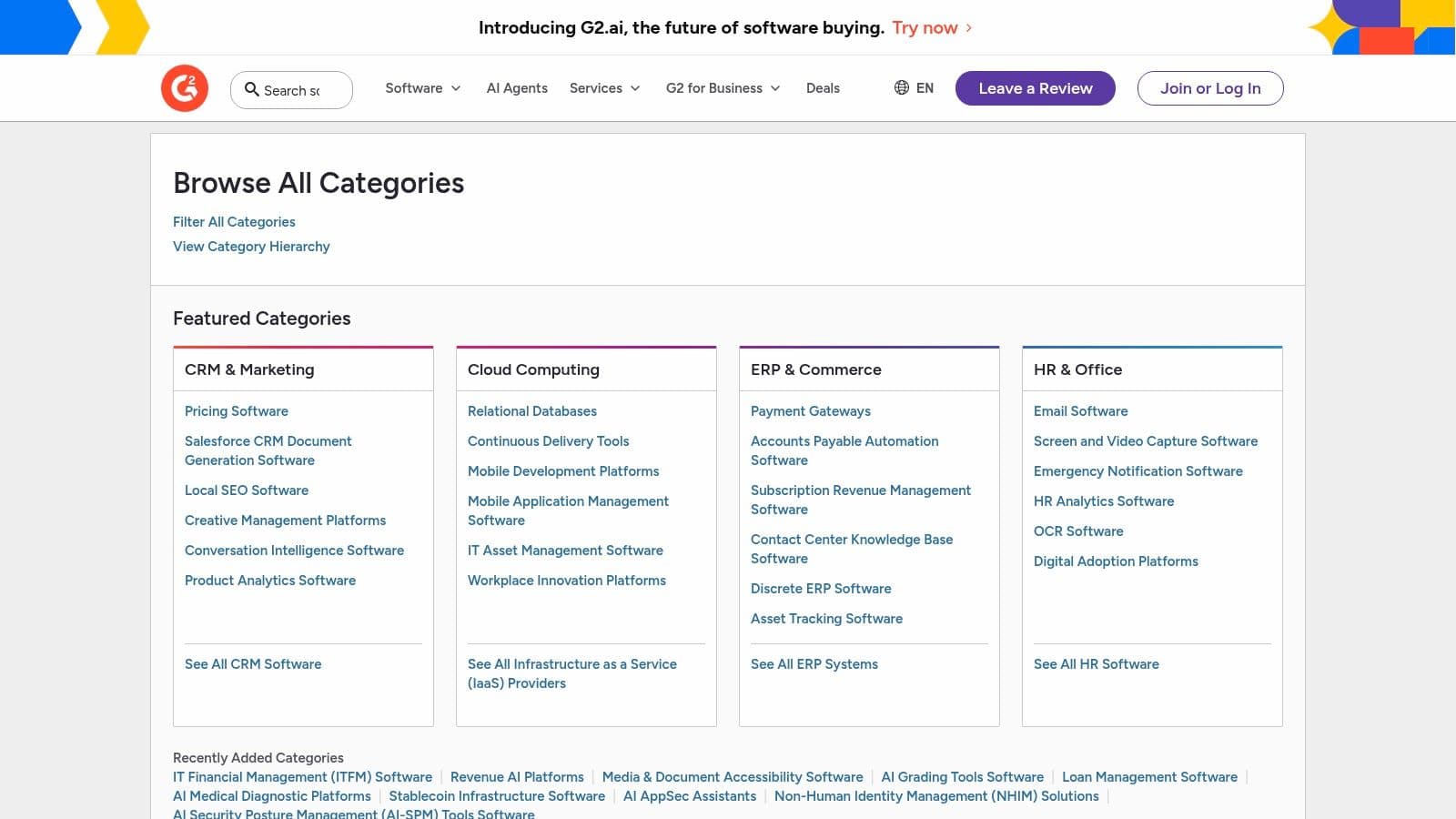 G2 software categories page showing a list of marketing-related software categories like Account-Based Marketing, SEO, and Content Creation.