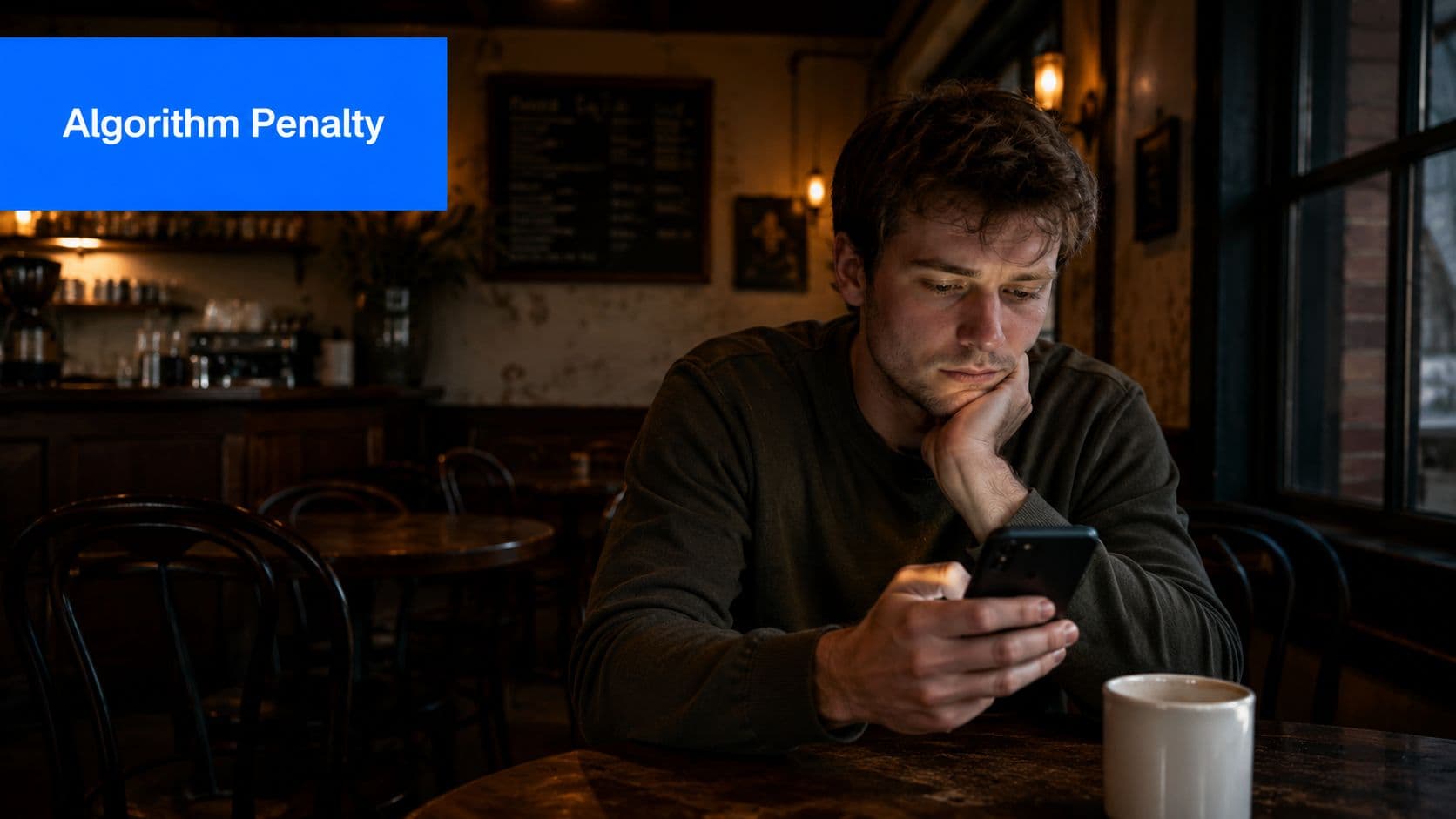 A concerned young man sitting in a dimly lit cafe looking thoughtfully at his mobile phone screen.