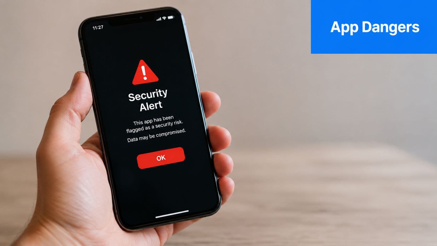 A hand holding a smartphone displaying a red security alert warning about a potential application data risk.