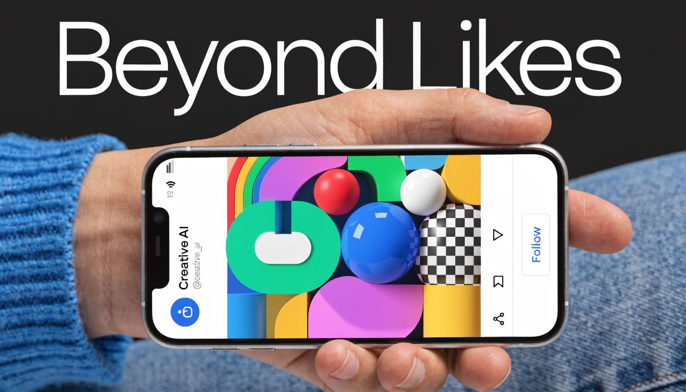 A hand holding a smartphone displaying an abstract 3D artwork on an Instagram-style interface.