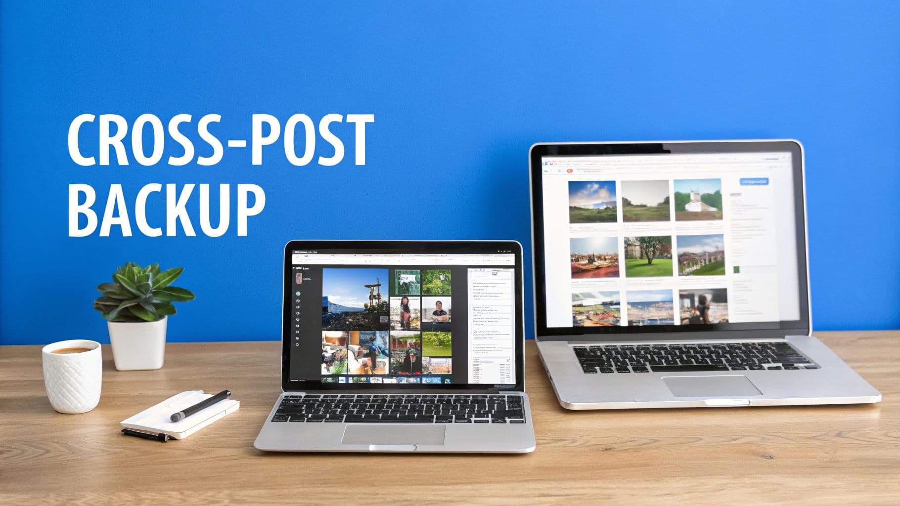 Two silver laptops on a wooden desk displaying image galleries, with 'CROSS-POST BACKUP' text on a blue wall.