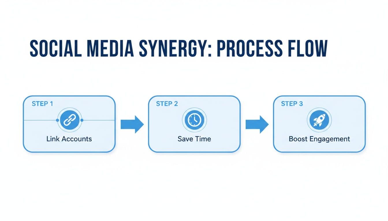 A social media synergy process flow showing three steps: Link Accounts, Save Time, and Boost Engagement.