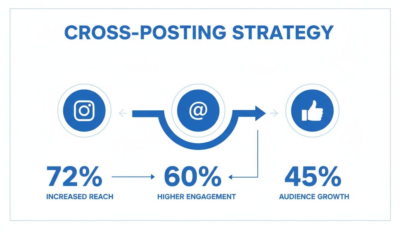 Infographic showing a cross-posting strategy leading to increased reach, higher engagement, and audience growth.