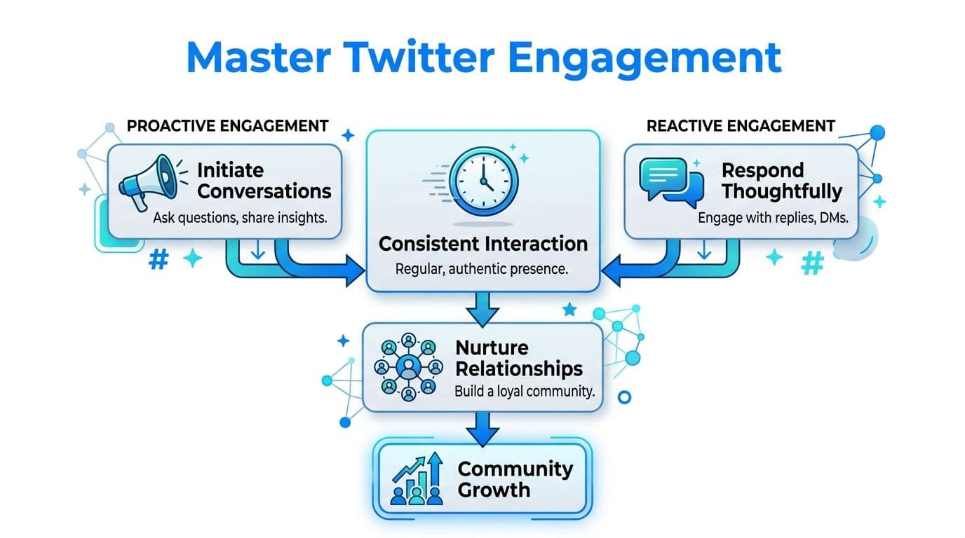 An infographic showing a strategic workflow for master Twitter engagement, combining proactive and reactive interaction methods.