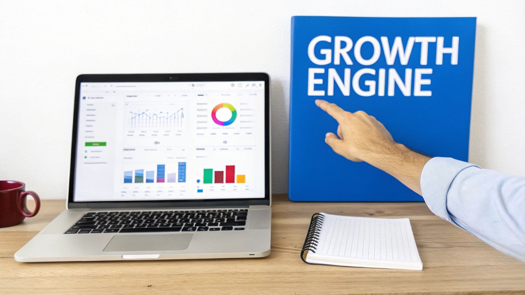A hand points at a blue 'GROWTH ENGINE' sign, with a laptop showing analytics charts on a desk.
