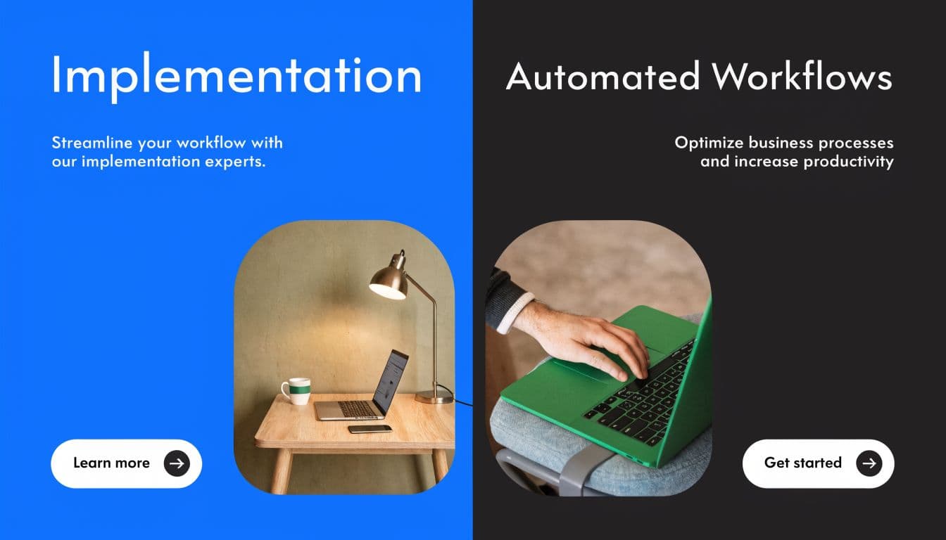 A split design showing an office desk setup on the left and a person using a laptop.