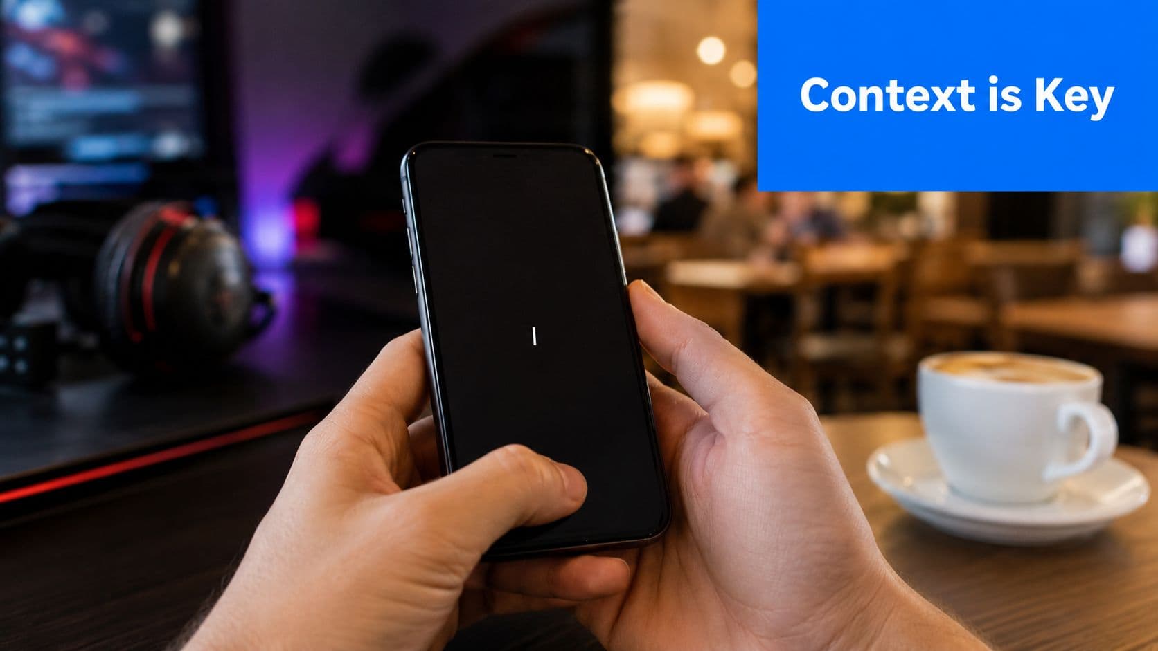 A person holding a smartphone showing a loading screen with a small vertical cursor in a cafe.