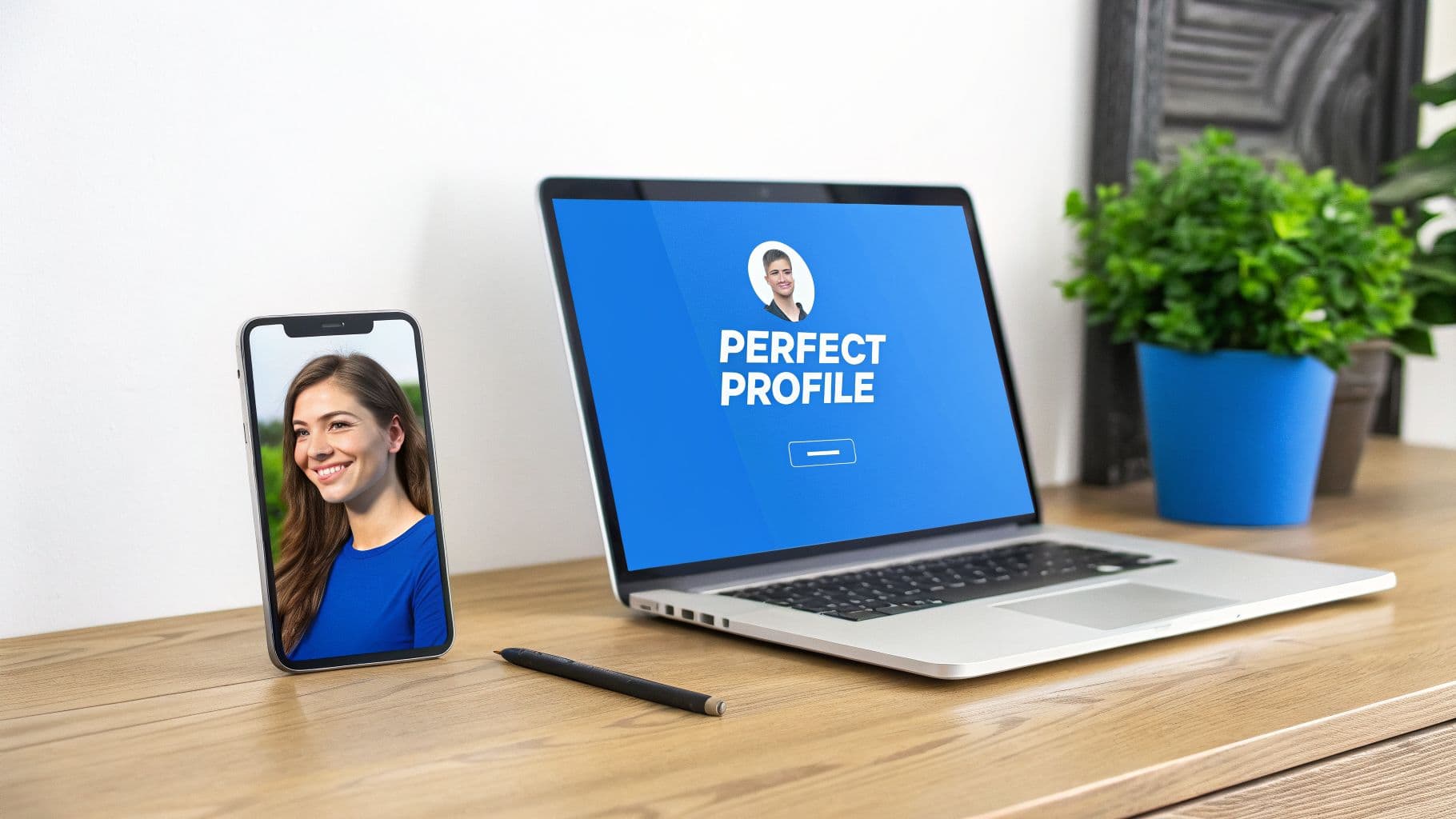 A laptop and smartphone on a wooden desk, both displaying perfect profile images.
