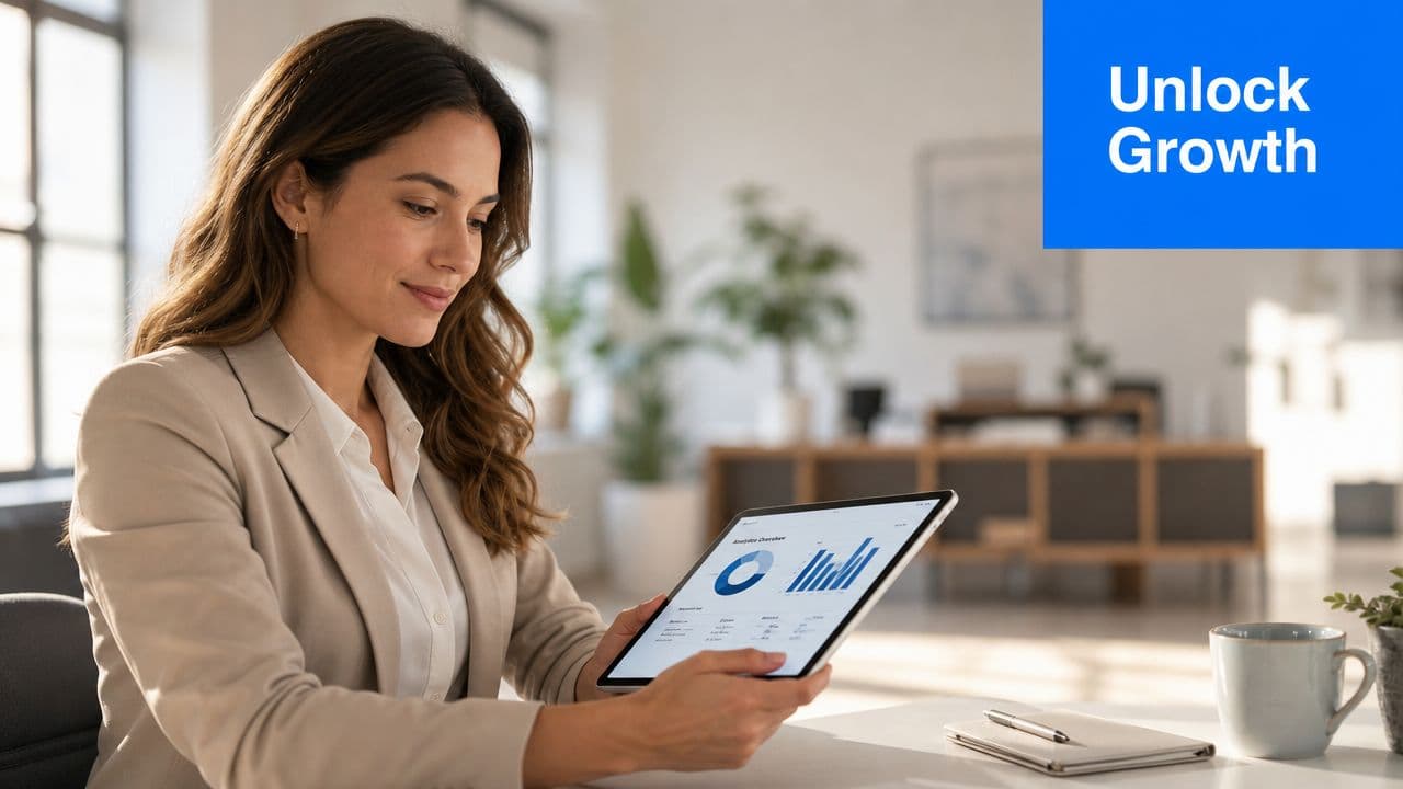 A professional businesswoman reviewing business data charts on a tablet while sitting in a modern office.