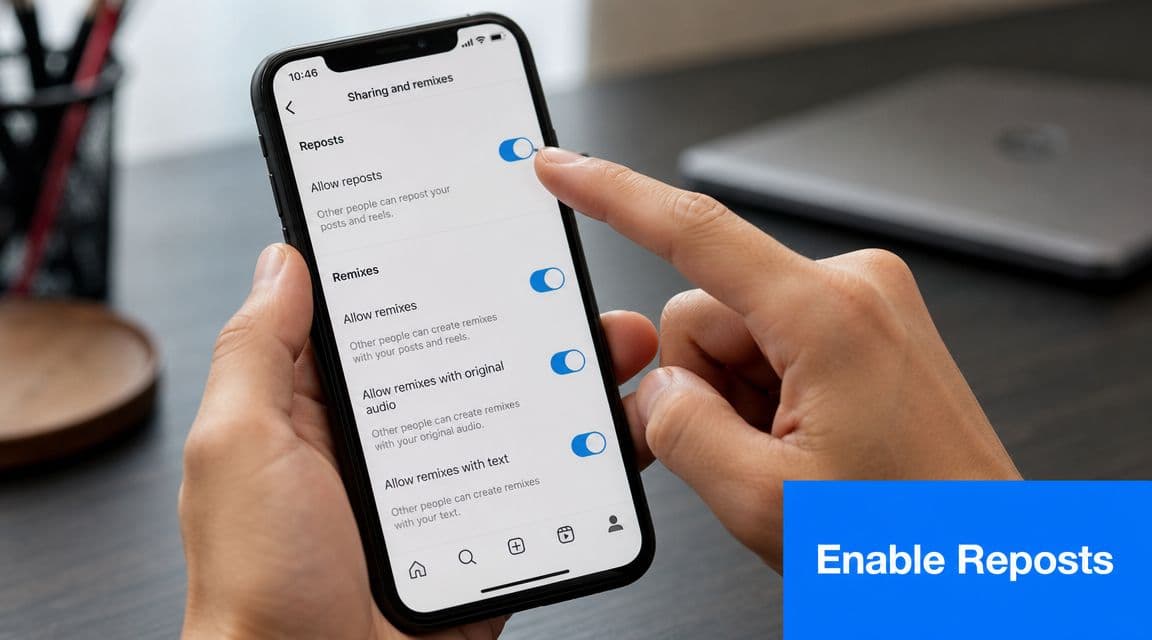 A person using a smartphone to toggle the setting to allow reposts in the Instagram app menu.