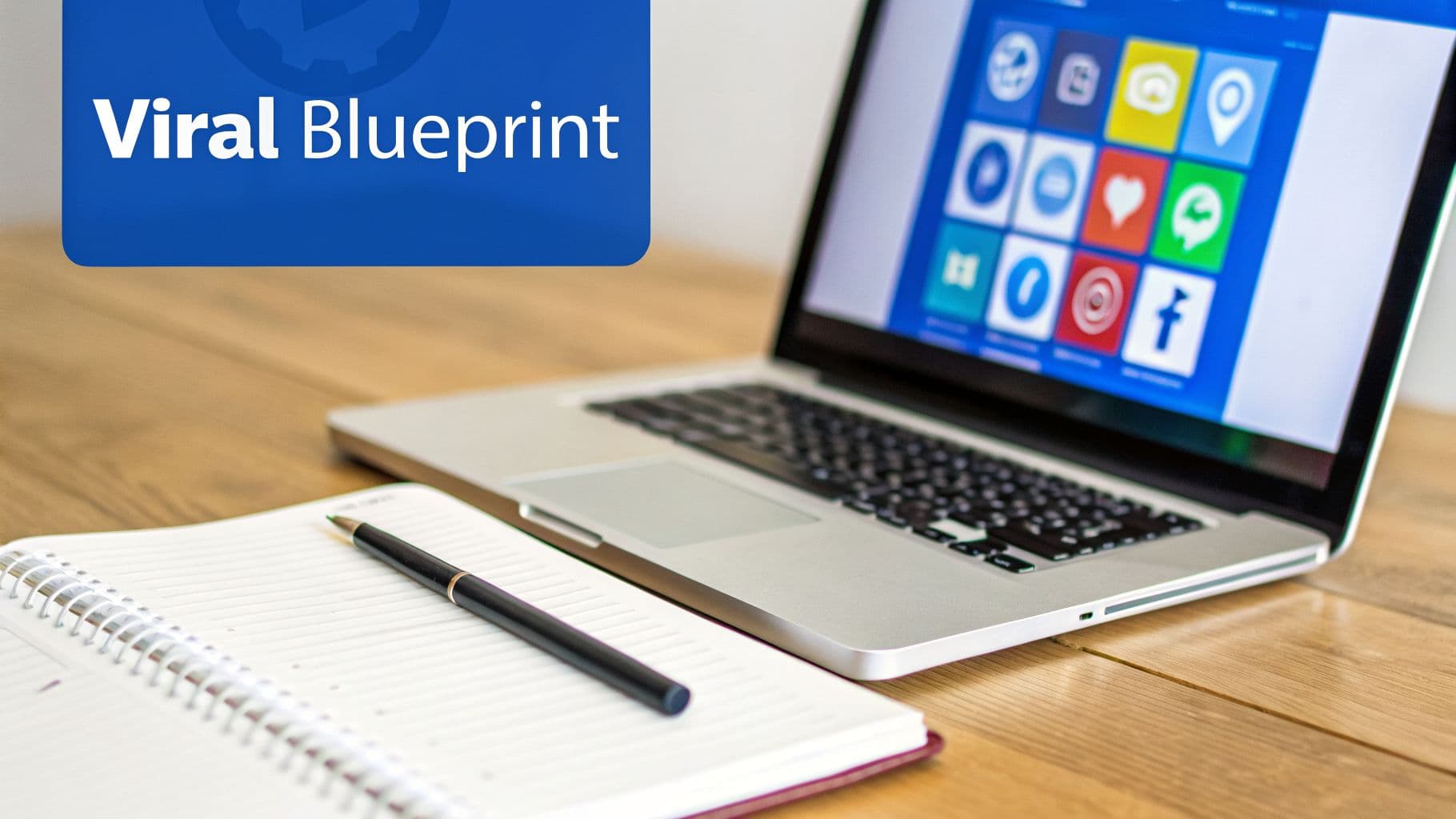 A laptop displaying social media applications, a notebook, and a pen on a wooden desk. A blue banner with the text "Viral Blueprint" is in the foreground.