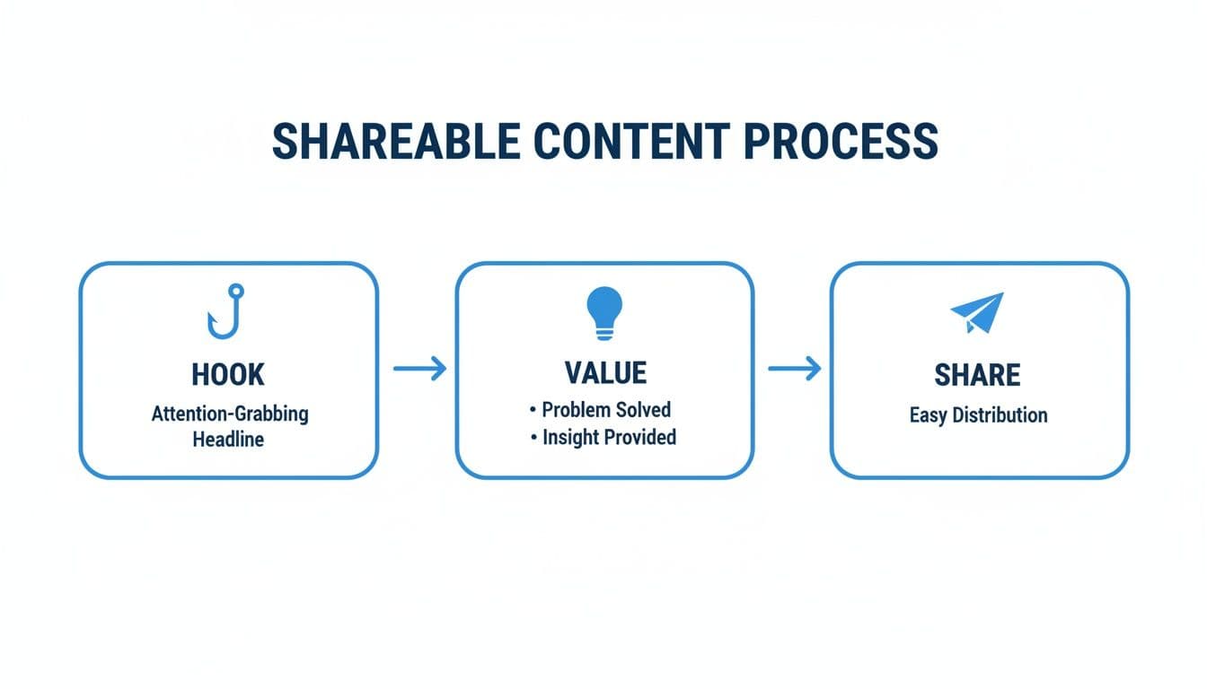 Flowchart outlining the shareable content process with steps: Hook, Value, and Share.