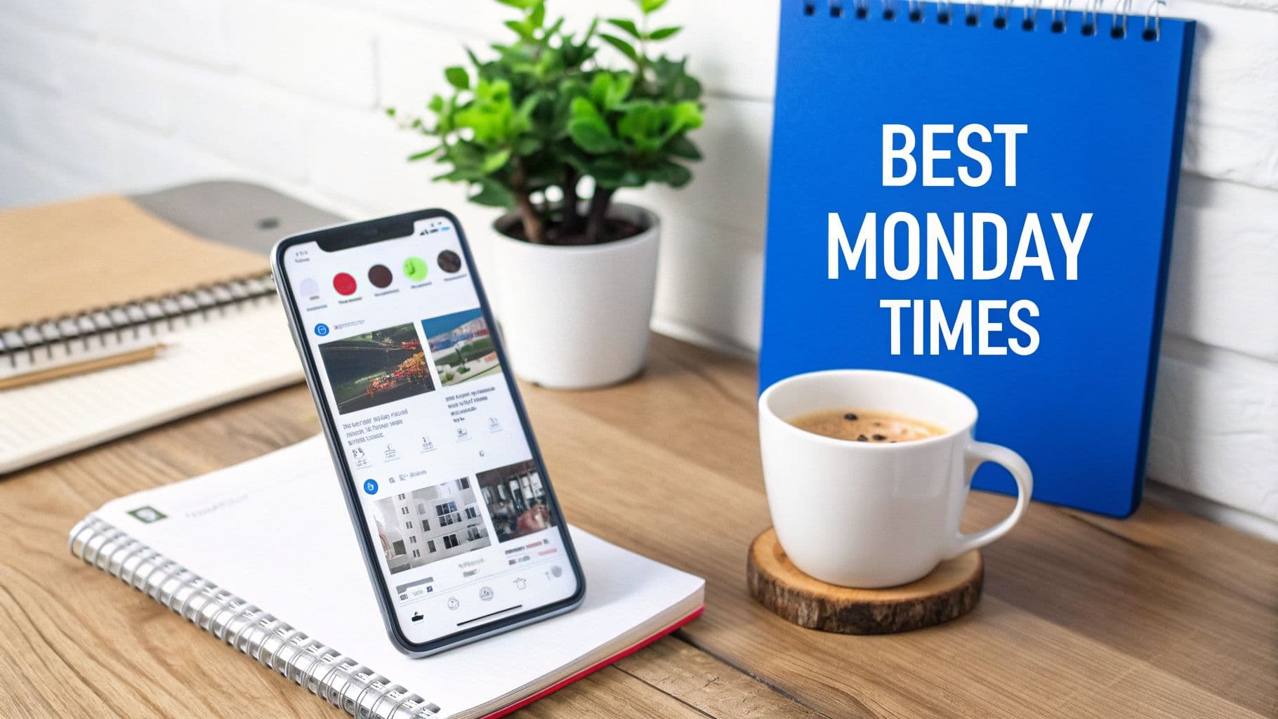 A desk with a smartphone displaying social media, a blue notebook reading 'BEST MONDAY TIMES', coffee, and a plant.