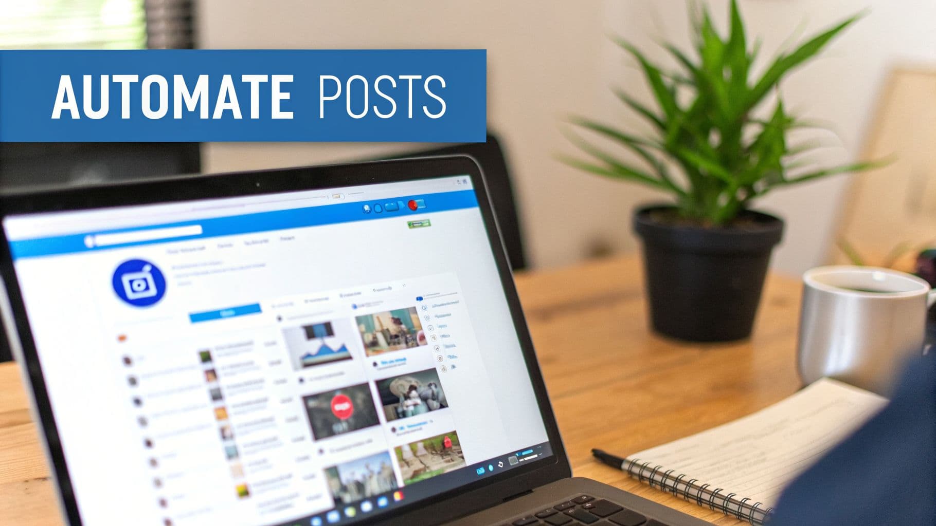 Laptop displaying social media content management, with 'AUTOMATE POSTS' banner, plant, coffee, and notebook.
