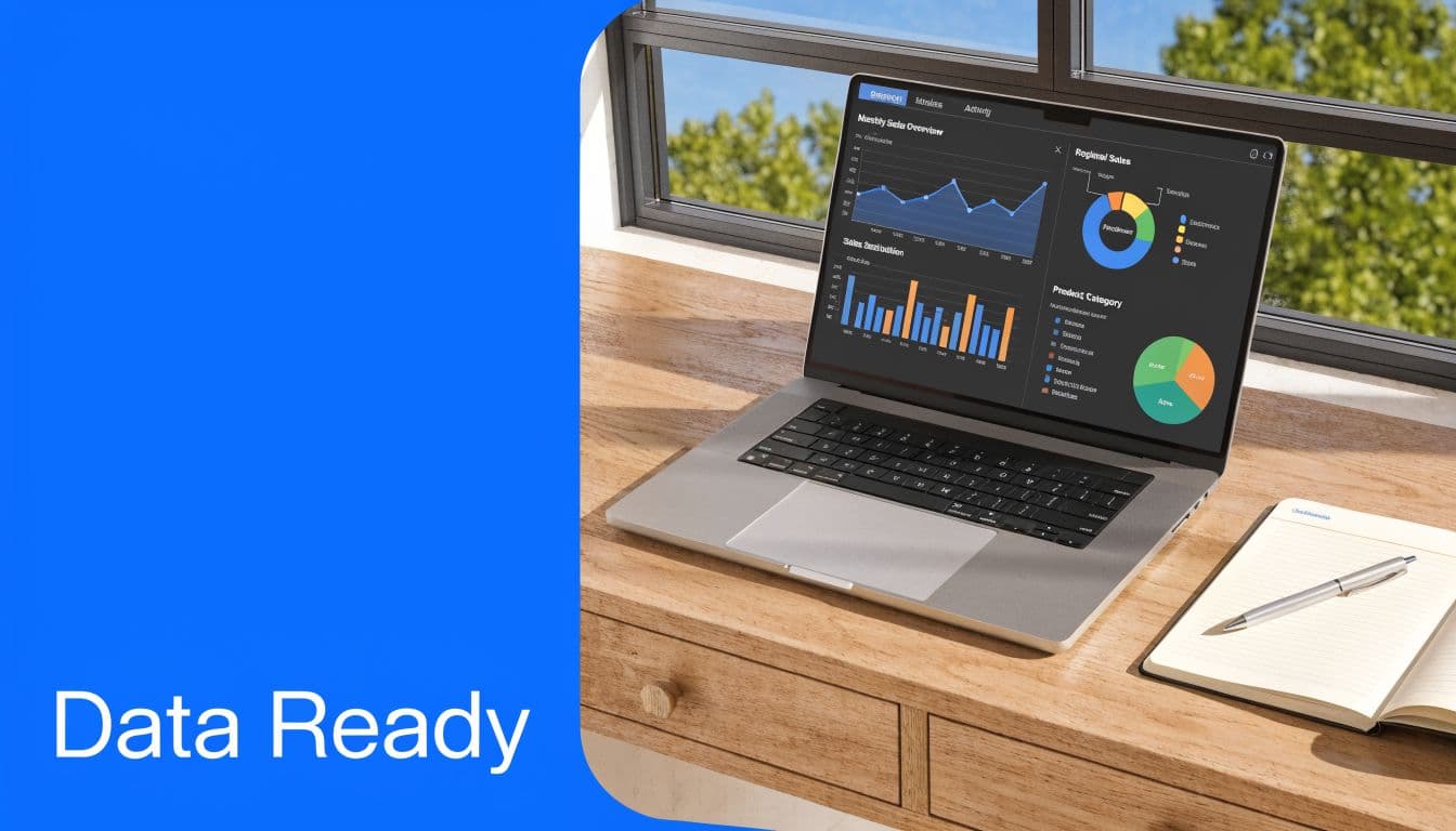 A modern laptop displaying sales data charts sitting on a wooden desk next to a notebook.