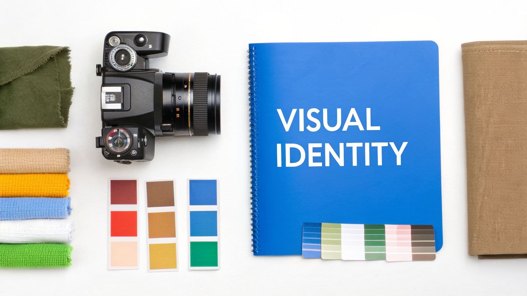 Overhead shot of a camera, color swatches, fabric rolls, and a blue notebook titled 'Visual Identity'.