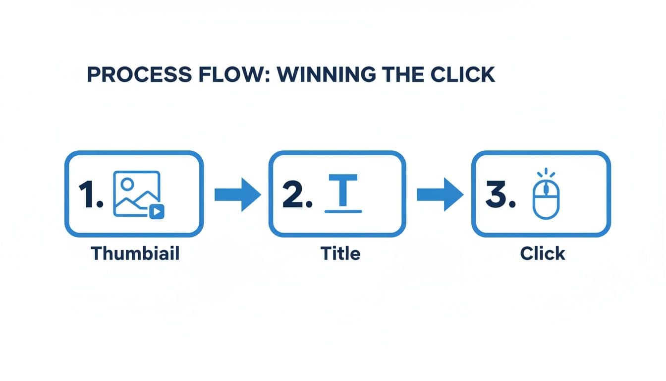 A process flow showing three steps to winning a click: Thumbnail, Title, and Click.