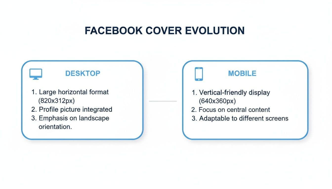 Infographic detailing Facebook cover photo evolution, showing desktop and mobile display differences.