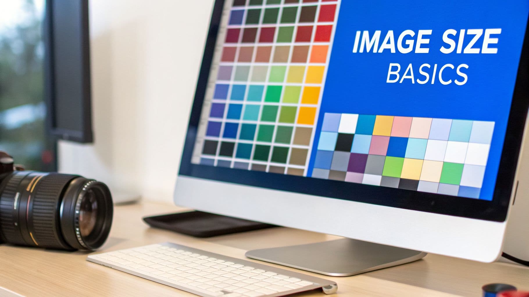 A desk with a computer displaying 'IMAGE SIZE BASICS' and color palettes, next to a camera and keyboard.