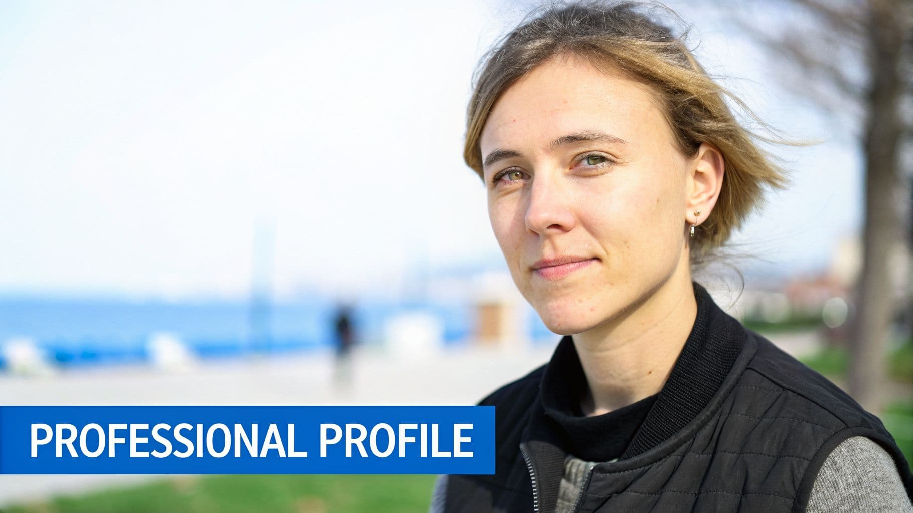 A professional woman with light brown hair and green eyes looks directly at the camera outdoors.