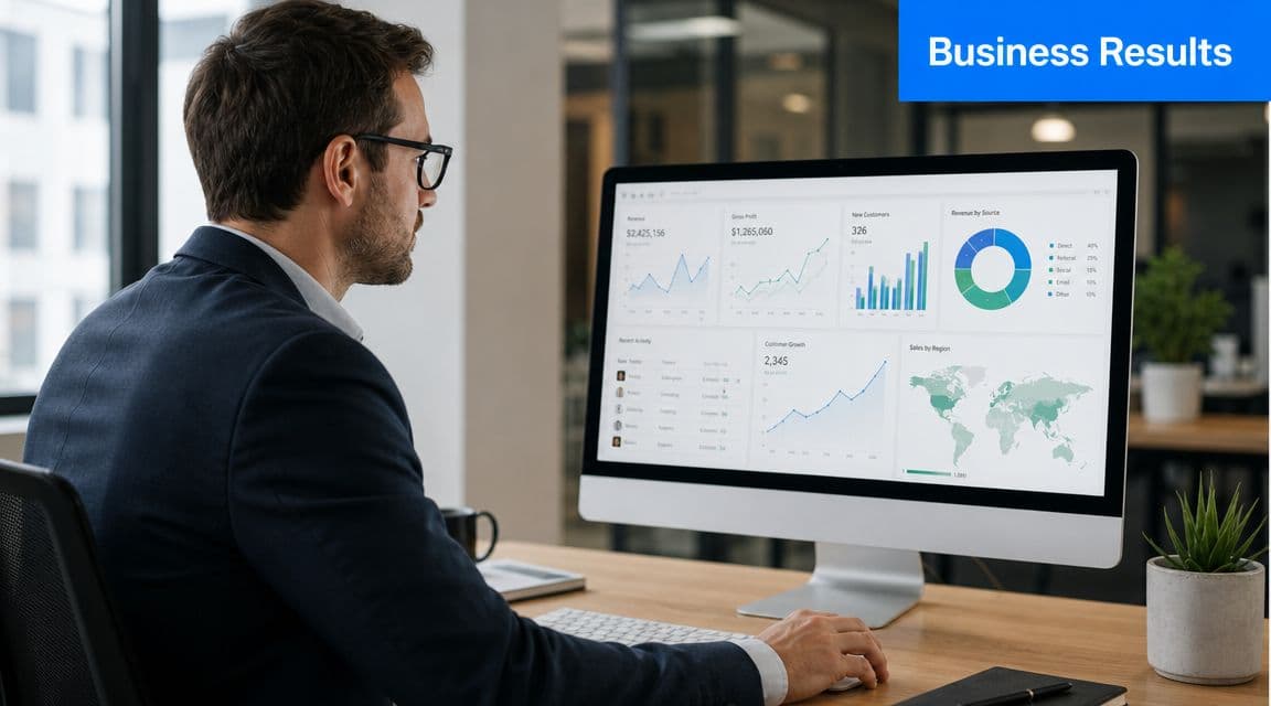 A professional man in a suit looking at business data analytics displayed on a computer screen.