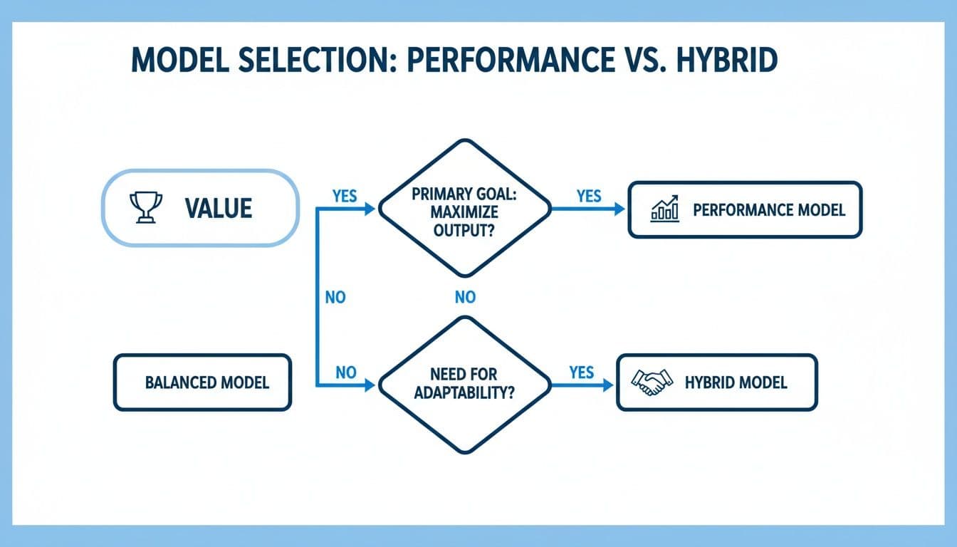 Flowchart guiding model selection for performance, hybrid, or balanced models based on value and goals.