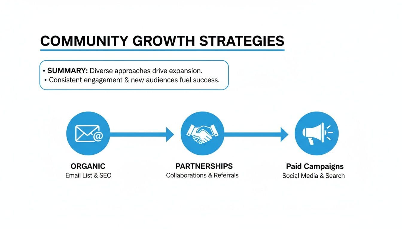 Diagram illustrating community growth strategies, including organic, partnerships, and paid campaigns.