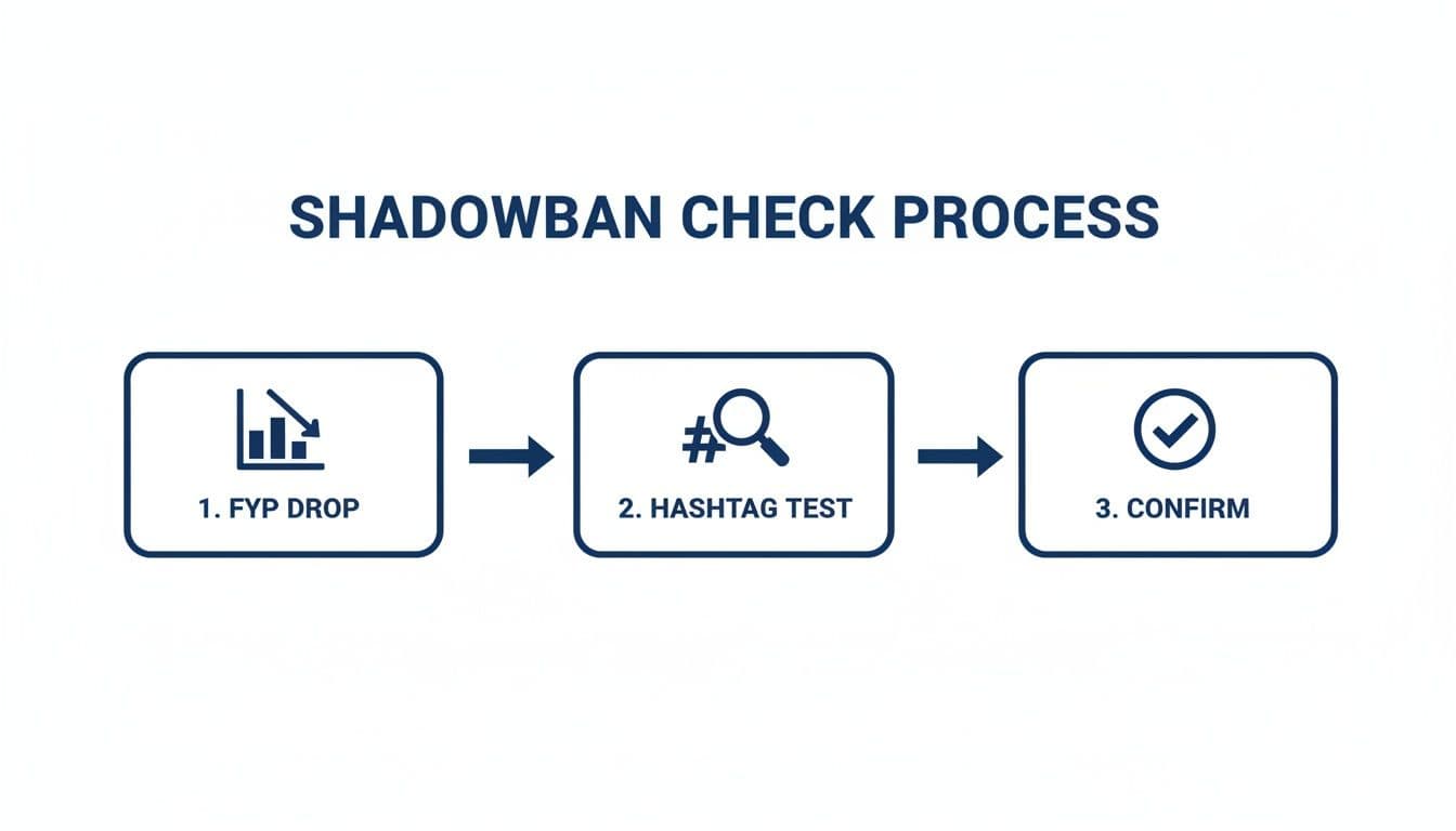 A flowchart illustrates the shadowban check process with three steps: FYP drop, hashtag test, and confirm.